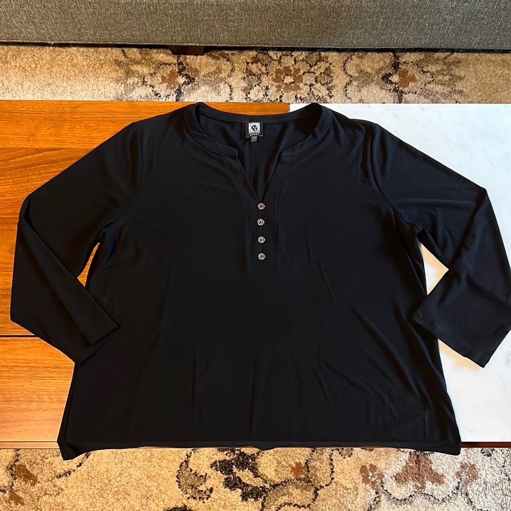 Anne Klein Sport Stretchy Black Dress Shirt 3/4 length sleeves  XL
